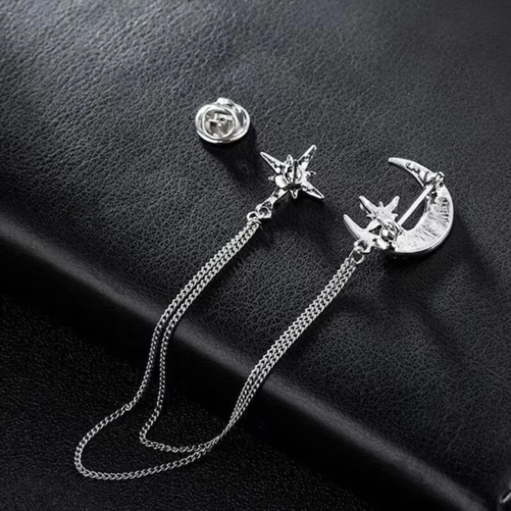 Fashion Rhinestone Star Brooch Pin Crystal Tassel Chain Lapel Pins